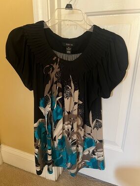 Style & Co. Black Tunic with Teal and Gray Floral Design